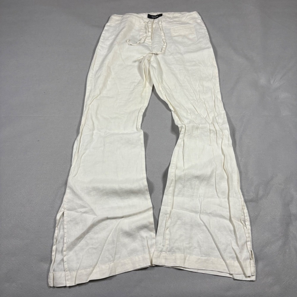 Express Womens 100% Linen Wide Leg Flare Pants Cream Drawstring Size 1/2 26"